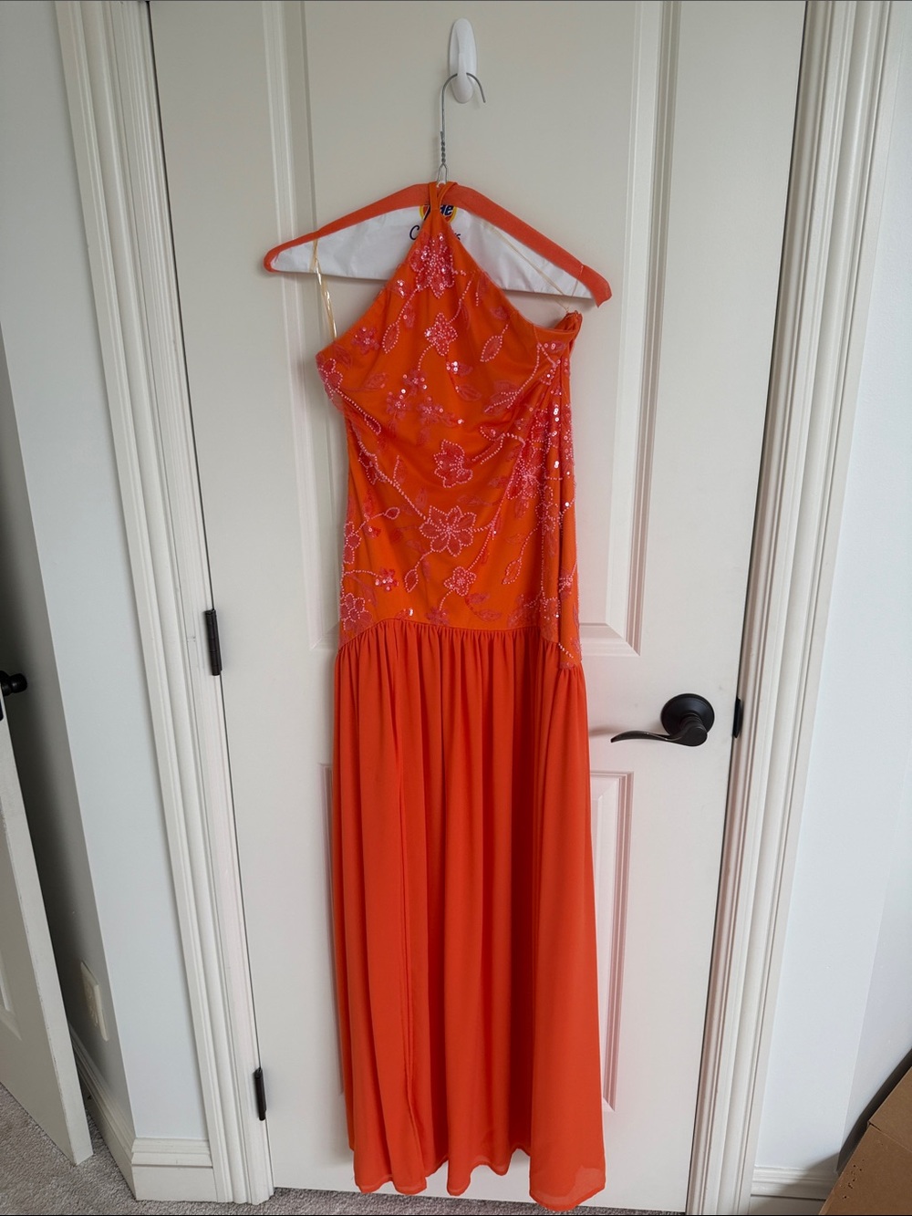 Pepper mayo Orange Beaded Halter Evening Gown